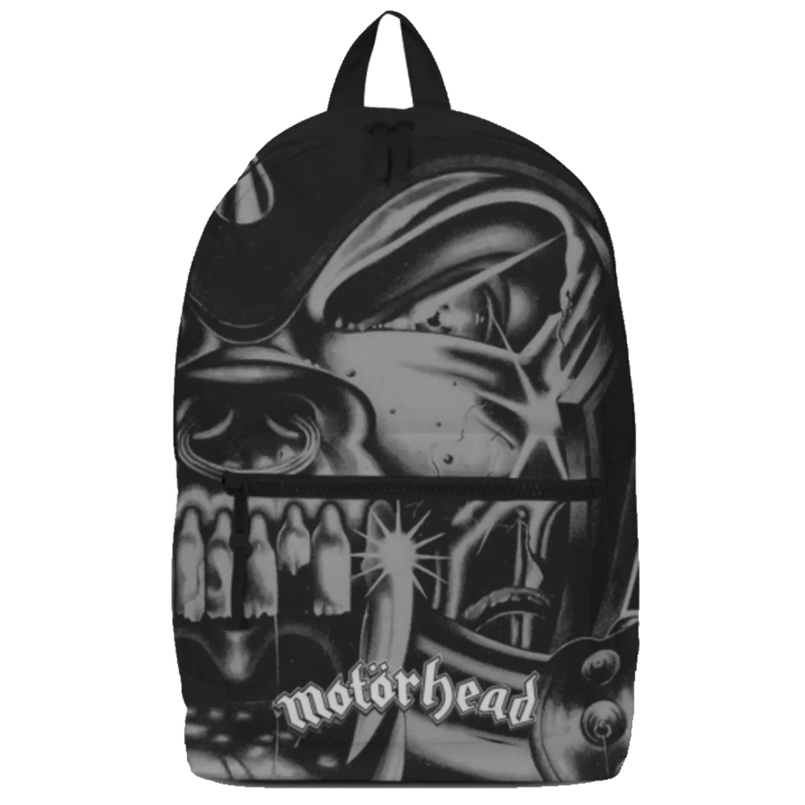 Sac à dos Motörhead RockSax noir avec visuel Snaggletooth en noir et blanc et logo du groupe.