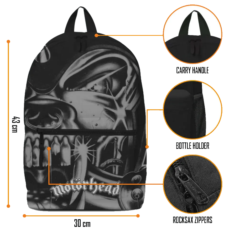 Sac à dos Motörhead RockSax noir, détails des dimensions 43×30×15 cm, poignée, poche bouteille et fermetures RockSax.