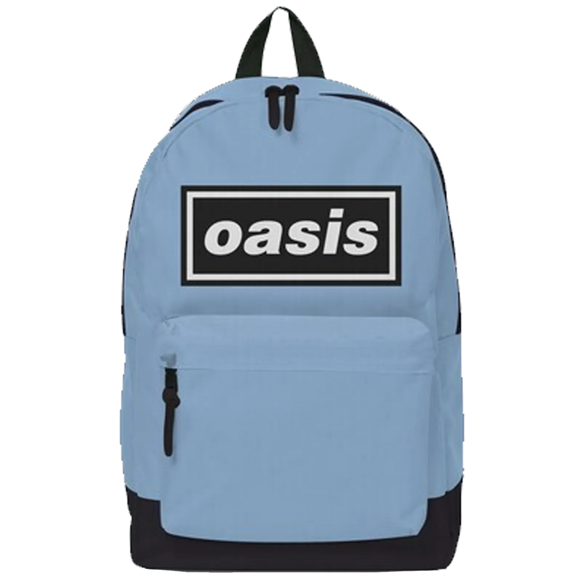 Sac à dos bleu clair Oasis avec logo noir et blanc Britpop.
