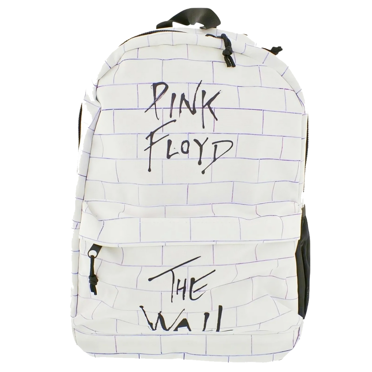 Sac à dos Pink Floyd The Wall blanc avec motif mur de briques et logo noir.