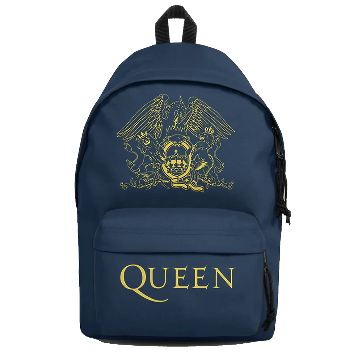 Sac à dos Queen bleu marine avec logo royal doré, poche avant et porte-bouteille latéral.