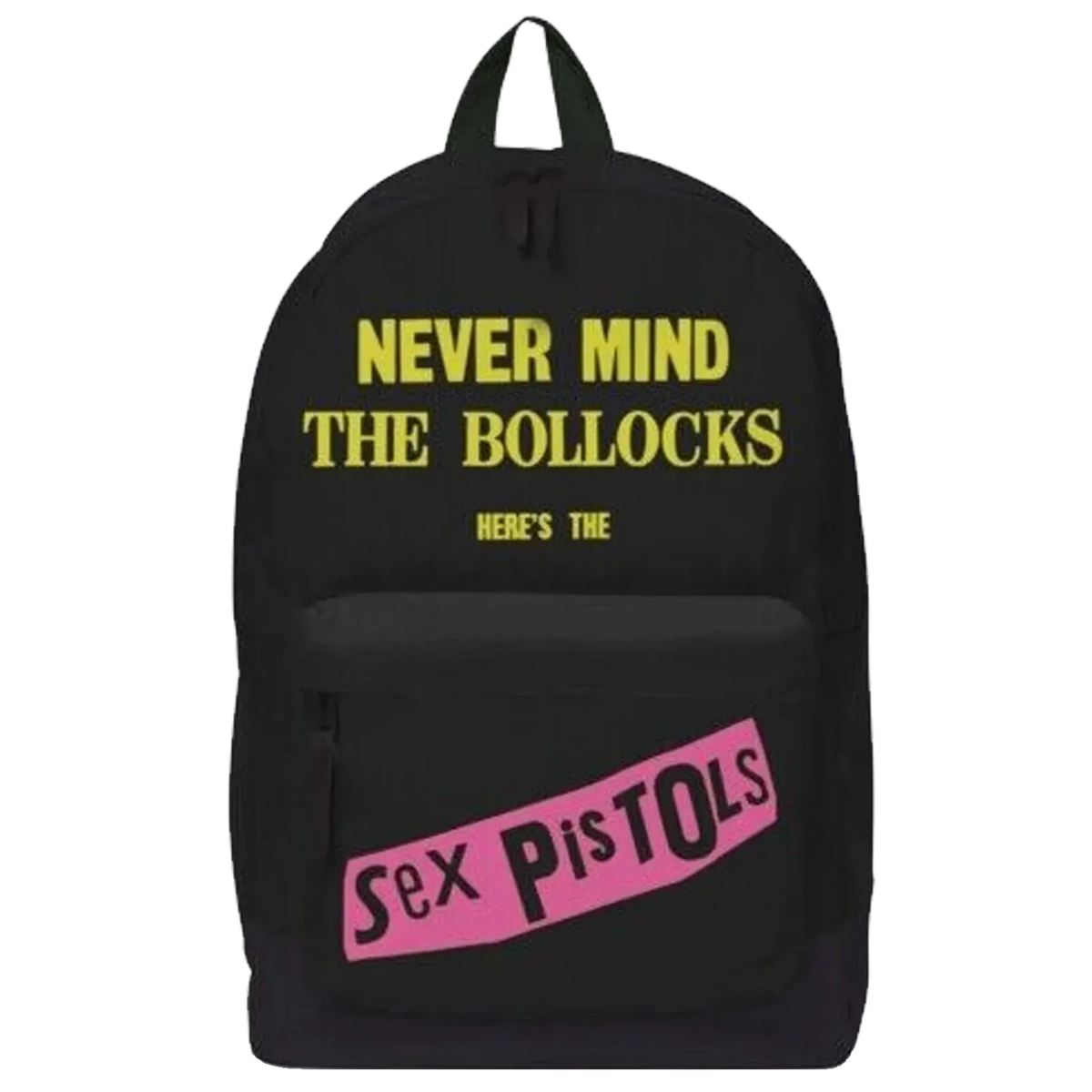Sac à dos Sex Pistols Never Mind the Bollocks punk rock noir avec logo jaune et rose