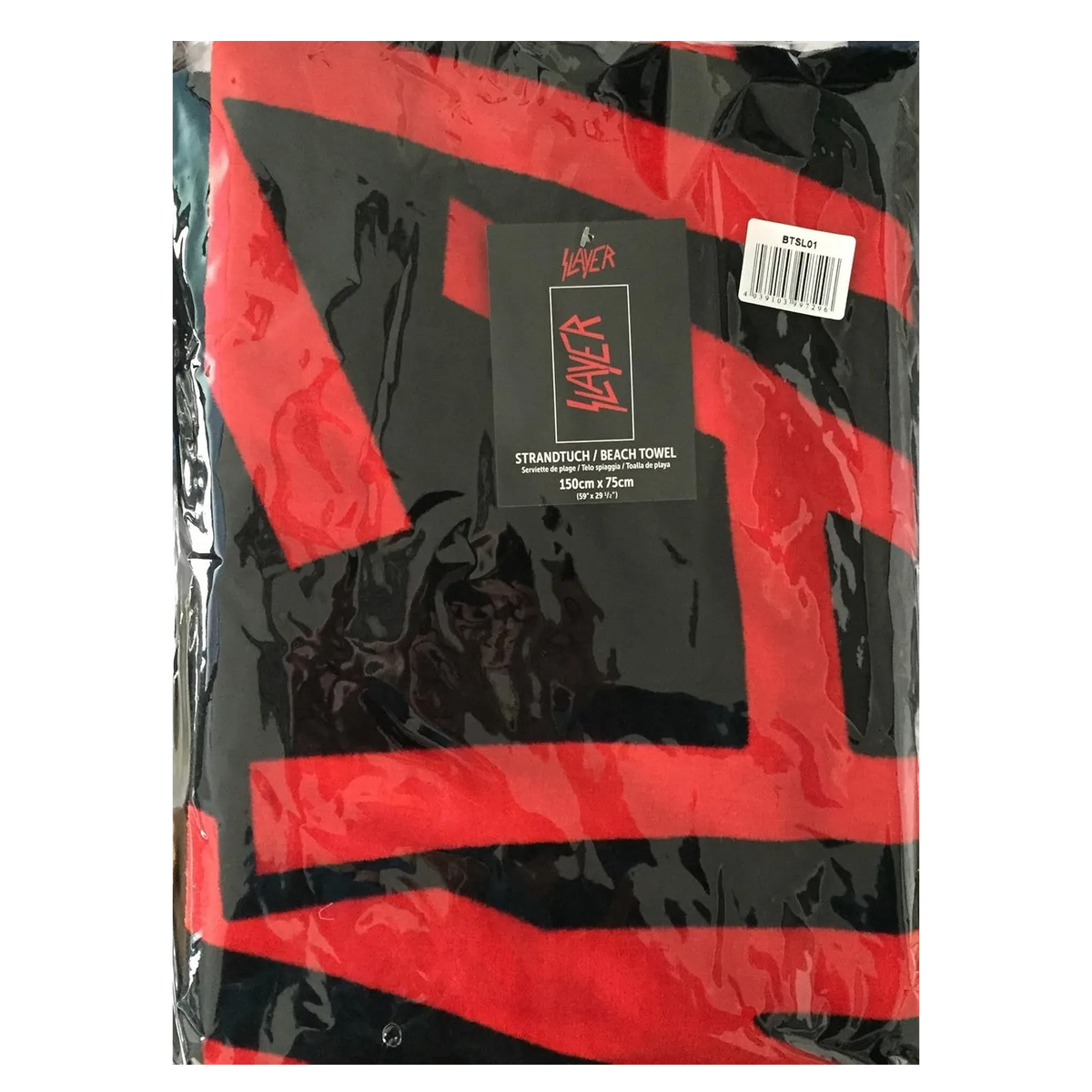 Serviette Slayer coton noir et rouge vue pliée et emballée