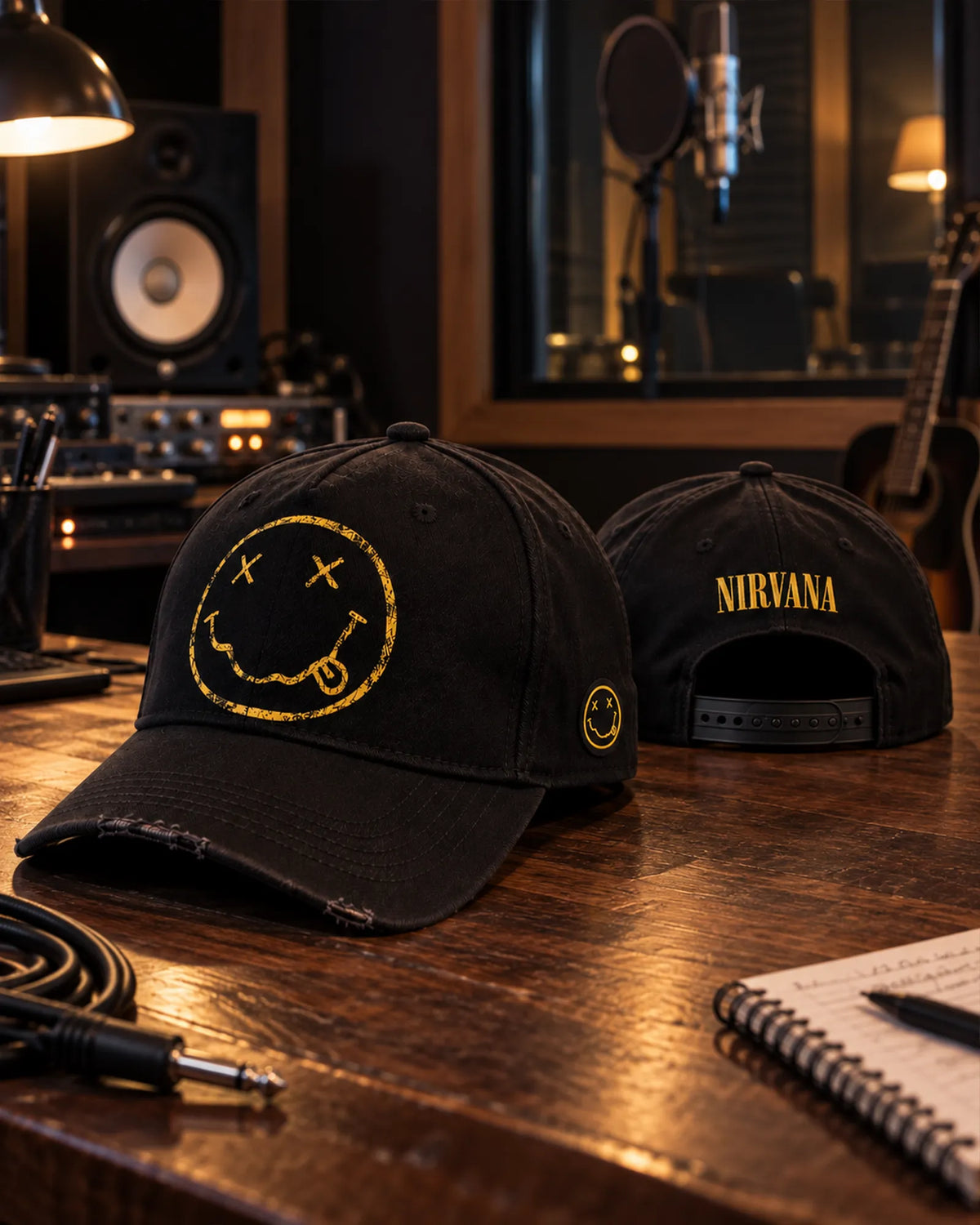 Casquette Nirvana noire Smiley dans un studio d'enregistrement | Black Nirvana Smiley cap in a recording studio