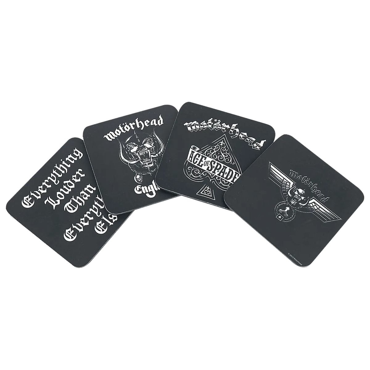 Sous-bocks Motörhead en éventail avec logos emblématiques du groupe et slogan culte