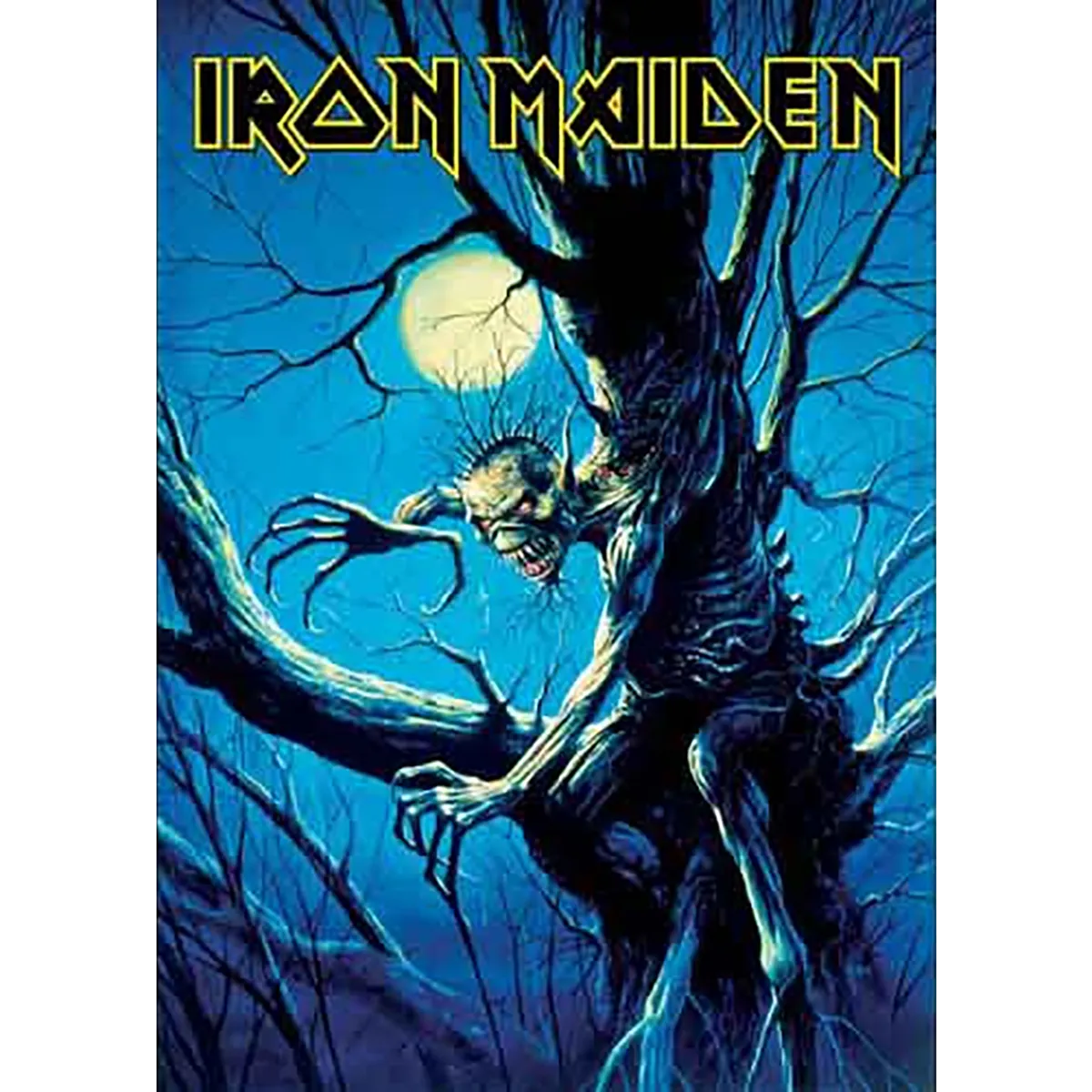 Carte postale officielle Iron Maiden Fear of the Dark avec Eddie dans un arbre sous la pleine lune | Official Iron Maiden Fear of the Dark postcard featuring Eddie in a tree beneath the full moon