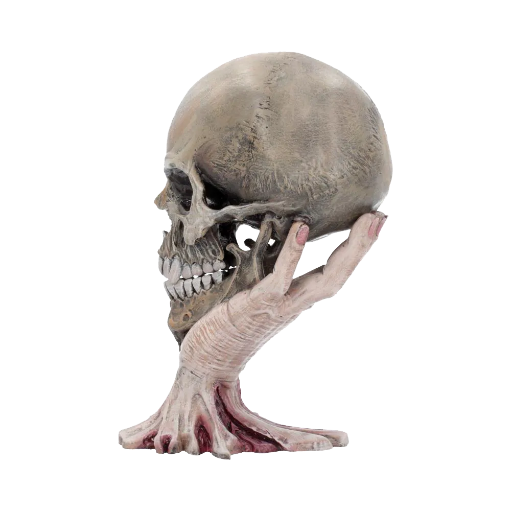 Figurine Metallica Sad But True Skull 22 cm – vue principale avec crâne en résine tenu par une main sculptée