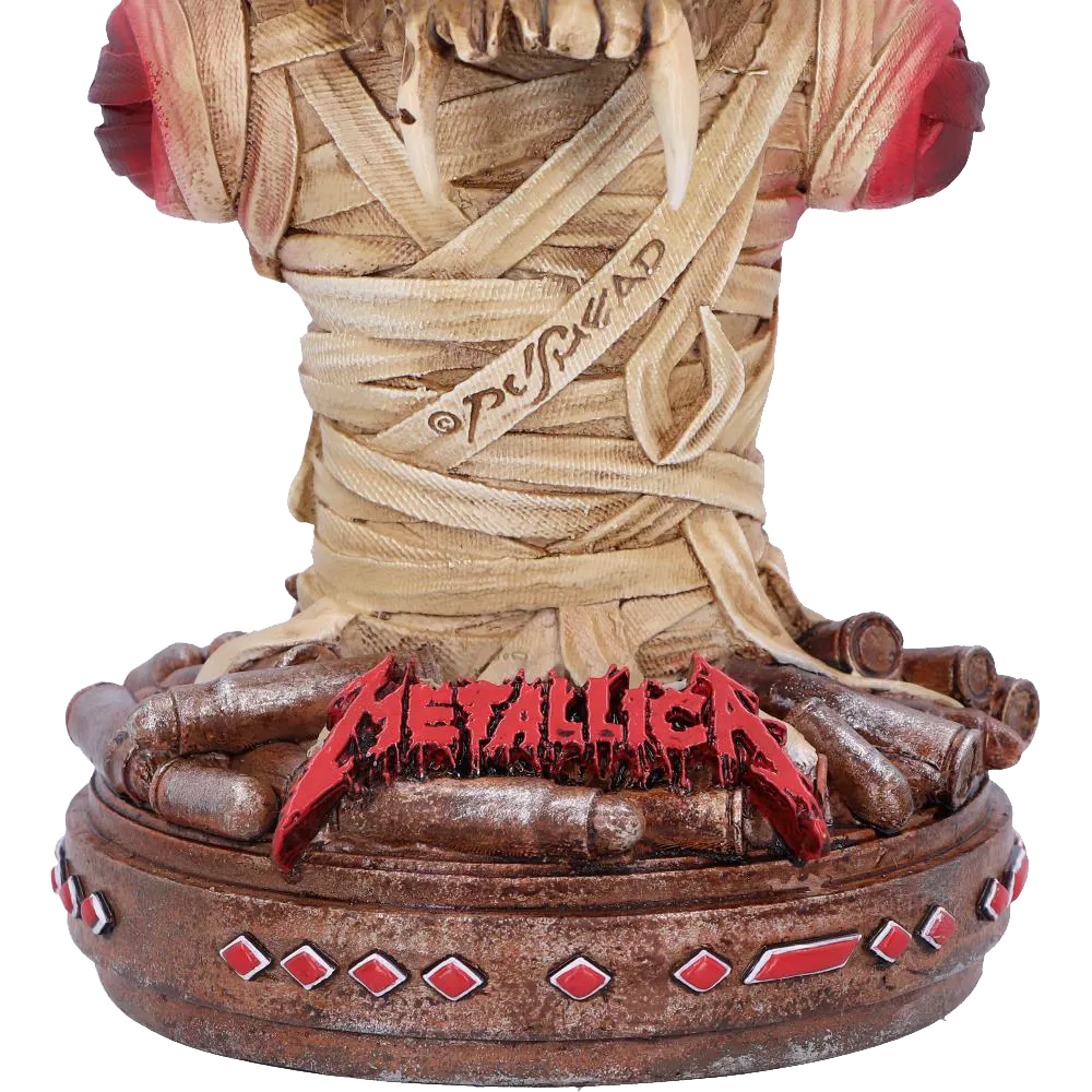 Détail du logo Metallica rouge sur la base
