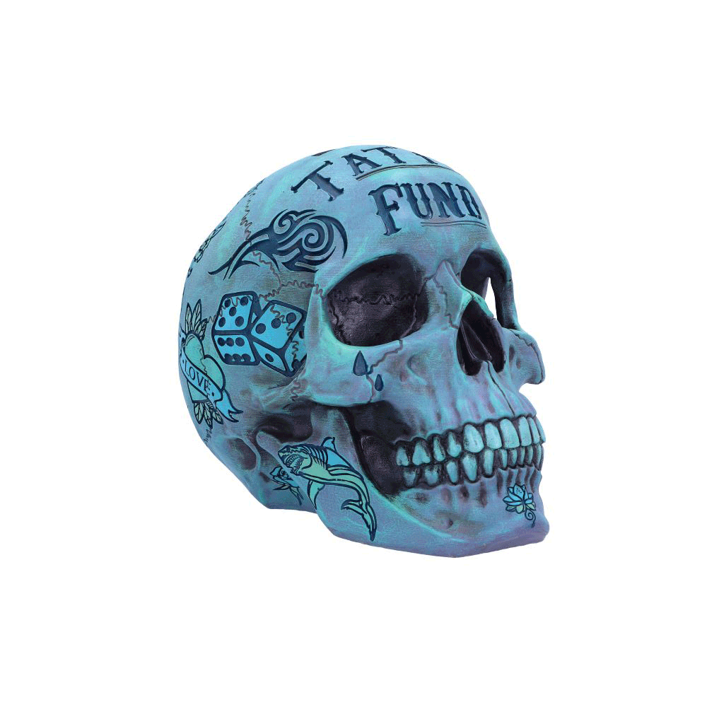 Crâne tirelire Tattoo Fund bleu nacré – vue à 360°