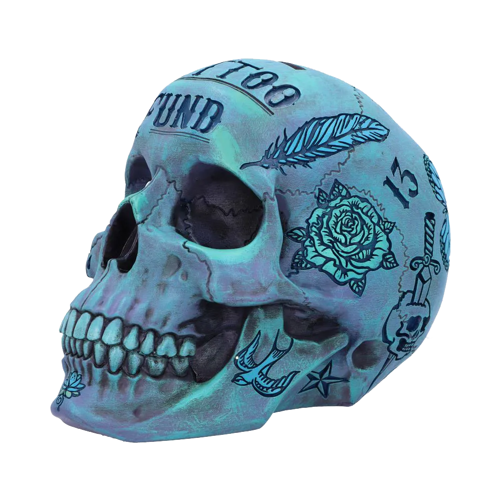 Crâne tirelire Tattoo Fund bleu nacré – vue de trois-quarts gauche