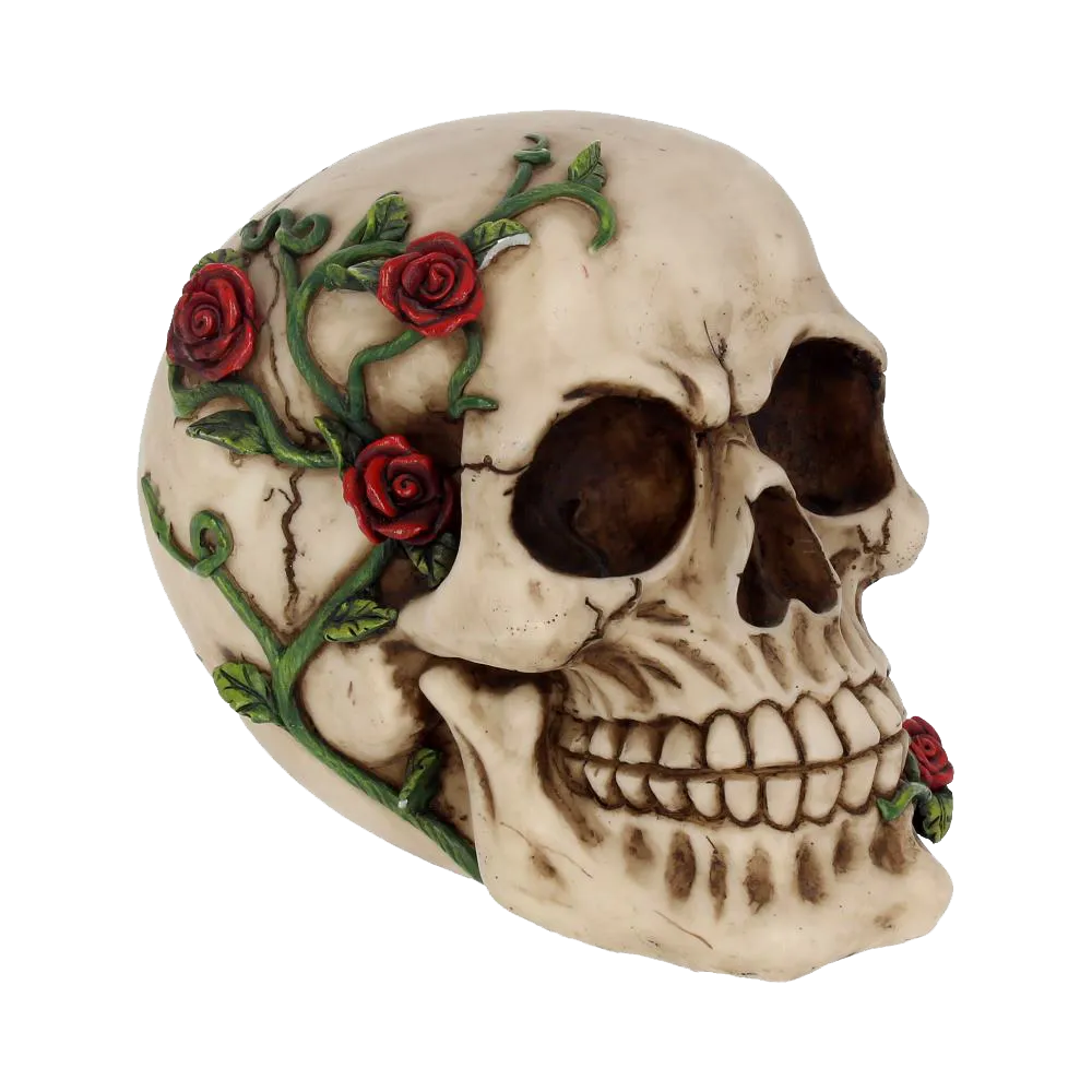 Crâne décoratif “Rose From Beyond” 15 cm – sculpture gothique ornée de roses rouges et de lianes vertes