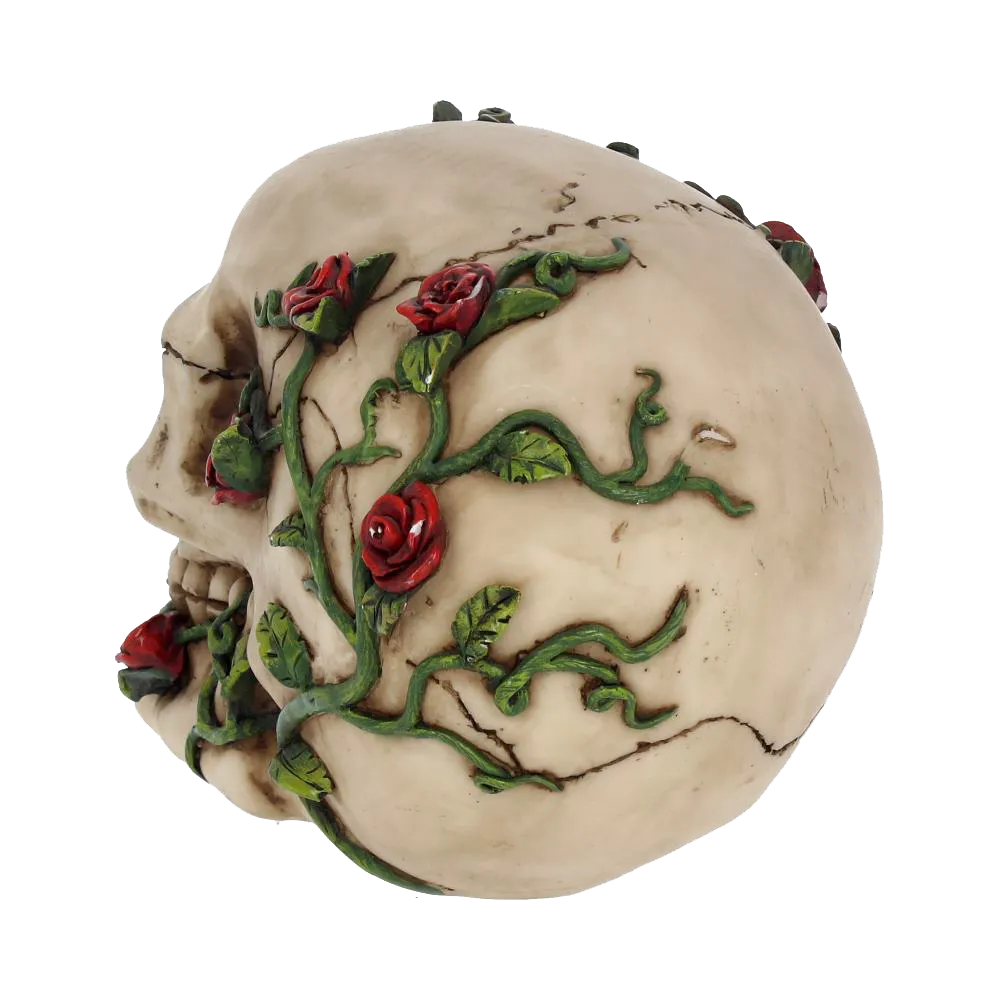 Crâne gothique décoré de roses rouges – vue arrière du modèle en résine