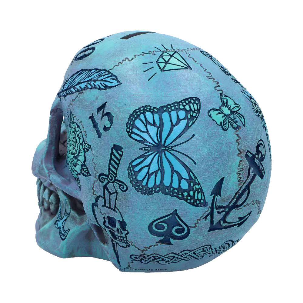 Crâne Tattoo Fund bleu – détails papillon et ancre à l’arrière