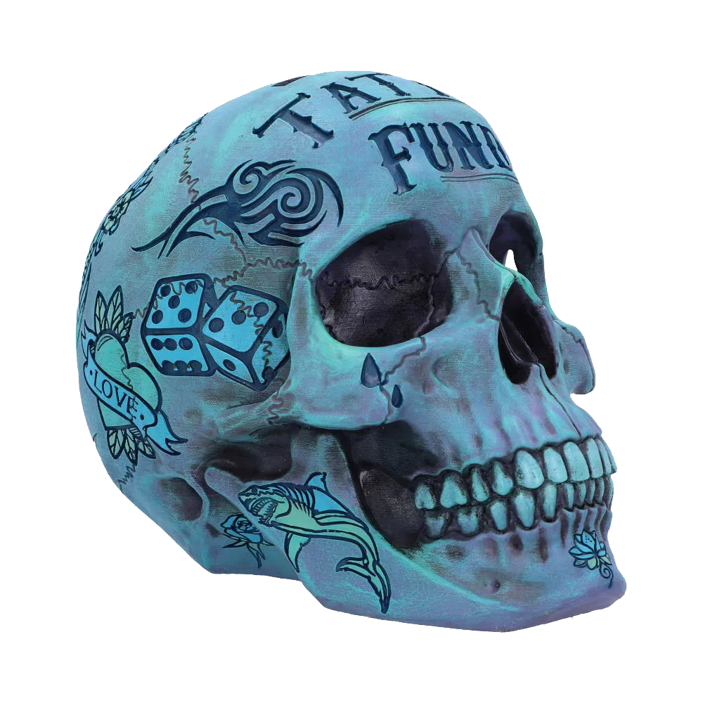 Crâne Tattoo Fund bleu – vue rapprochée côté gauche