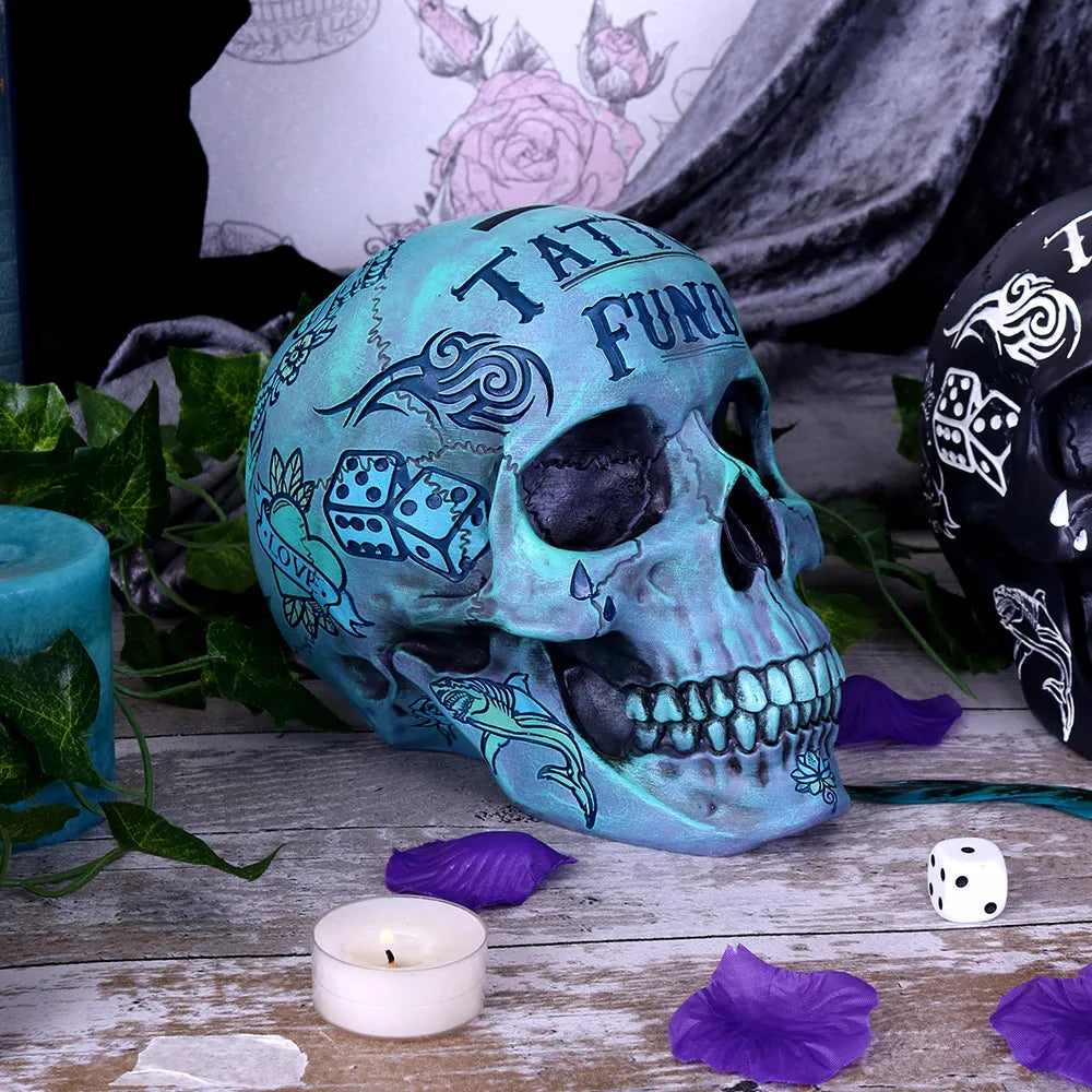 Crâne Tattoo Fund bleu de côté mise en scène décorative