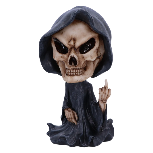 Figurine “Reaper’s Wish” 15 cm – squelette en cape noire levant le doigt, par Nemesis Now