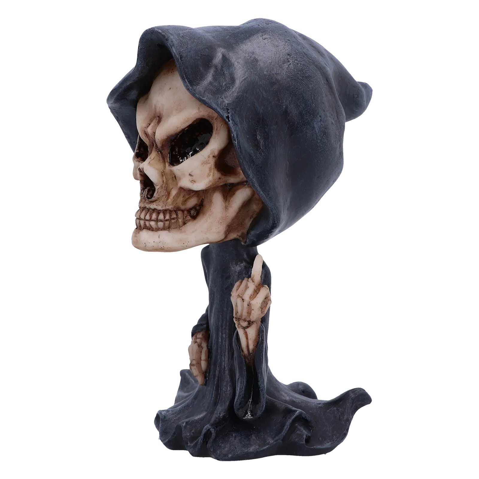 Figurine “Reaper’s Wish” – profil gauche avec capuche et expression menaçante