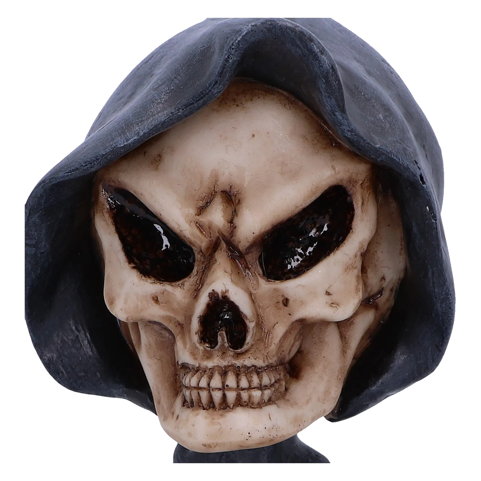 Gros plan sur le visage de la Faucheuse “Reaper’s Wish” – crâne expressif et yeux sombres