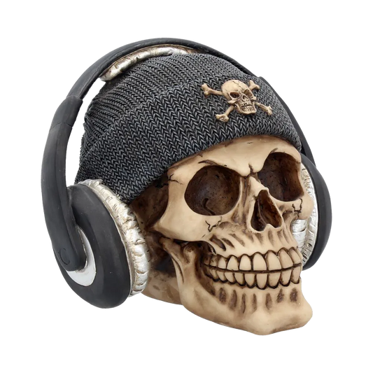 Crâne “Dead Beat” 17 cm – bonnet gris et casque audio argenté, sculpture Nemesis Now