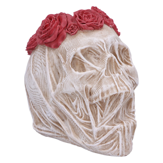 Crâne “The Veil (Small)” 11,5 cm – sculpture gothique avec couronne de roses rouges