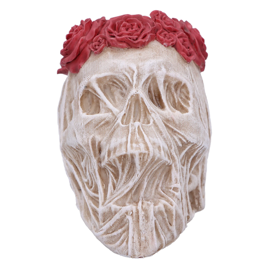 Crâne “The Veil (Small)” – vue de face avec voile sculpté et roses sur le sommet du crâne