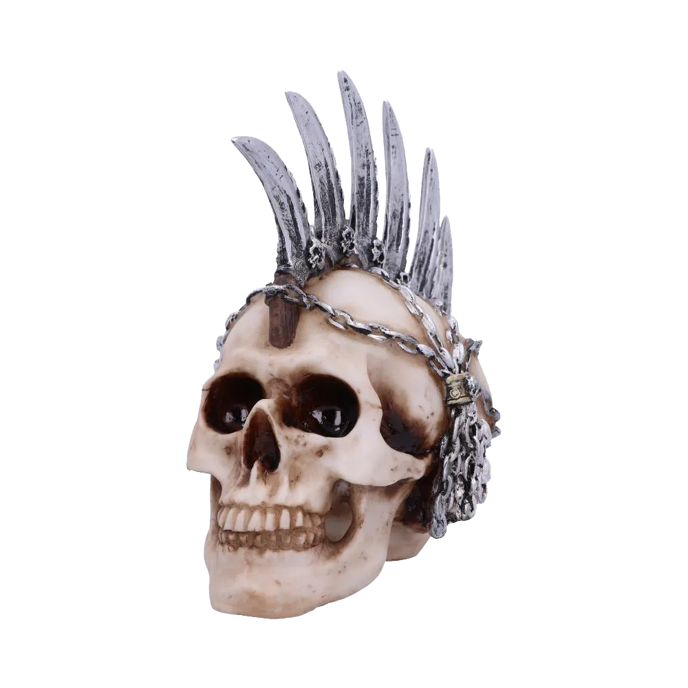 Crâne décoratif punk Chain Blade en résine, crête en lames argentées et chaînes métalliques