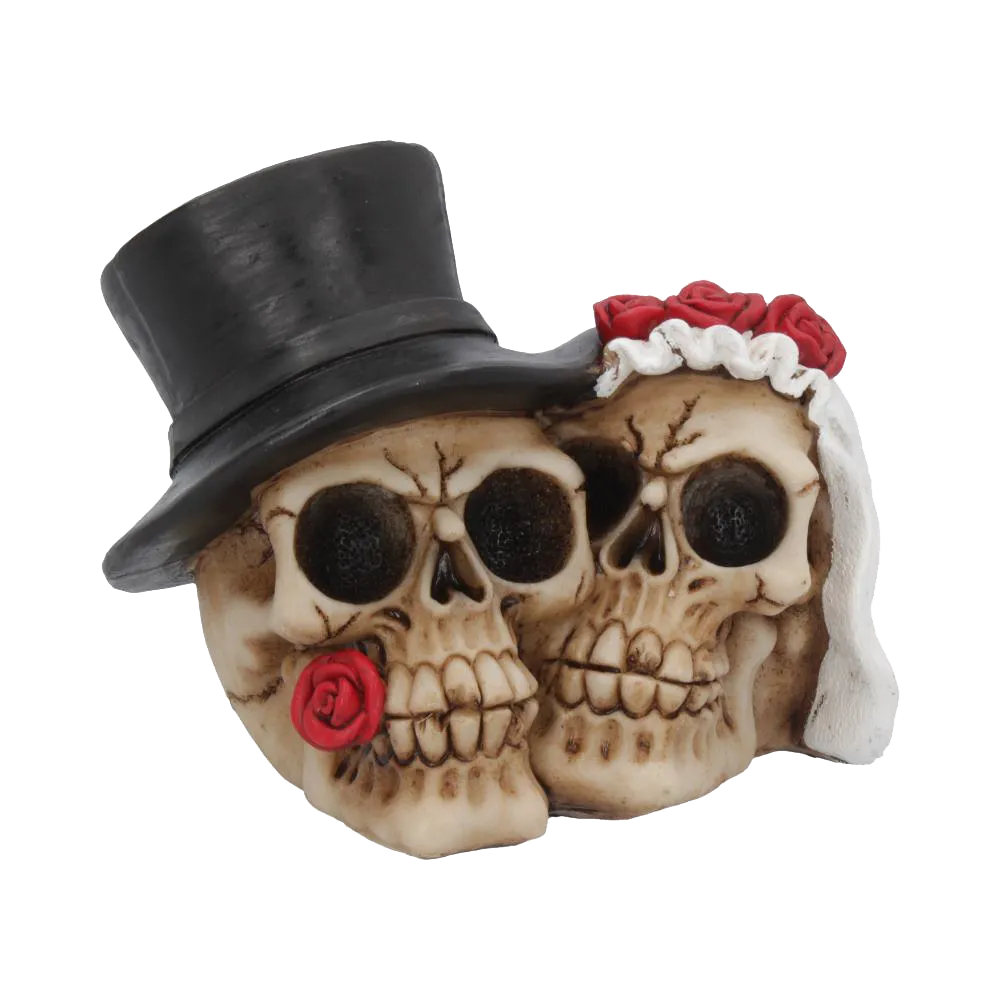 Figurine gothique Together Forever – couple de crânes mariés avec chapeau haut-de-forme et voile blanc
