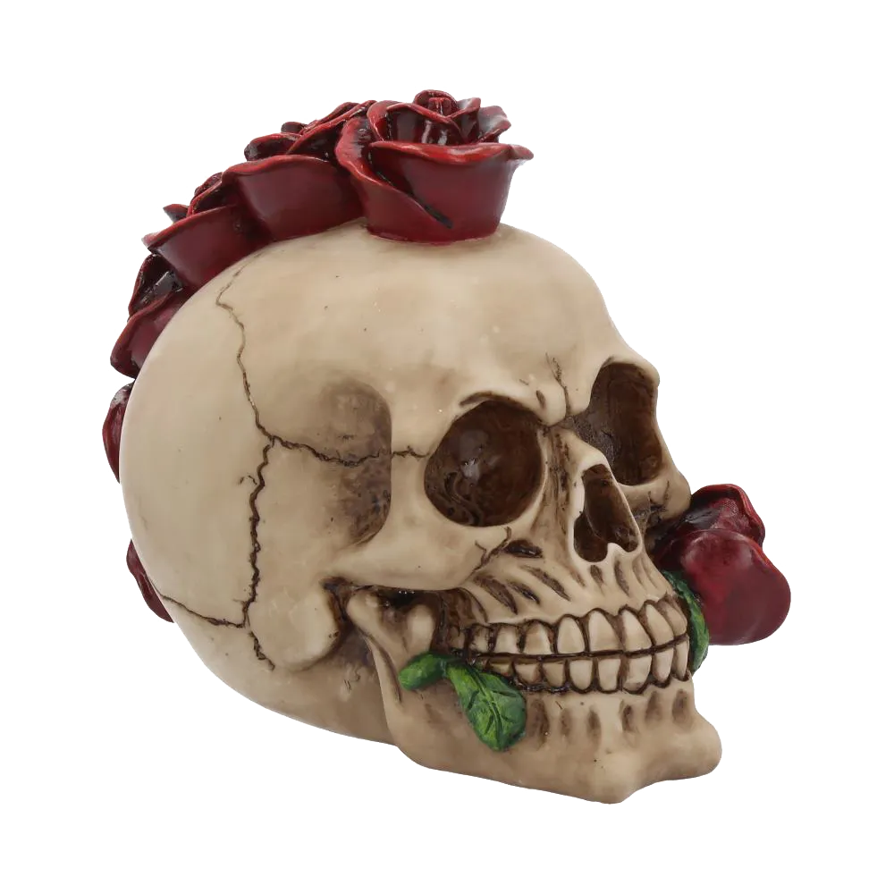 Figurine gothique Rosehawk – crâne avec roses rouges formant une crête punk