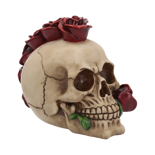 Figurine gothique Rosehawk – crâne avec roses rouges formant une crête punk