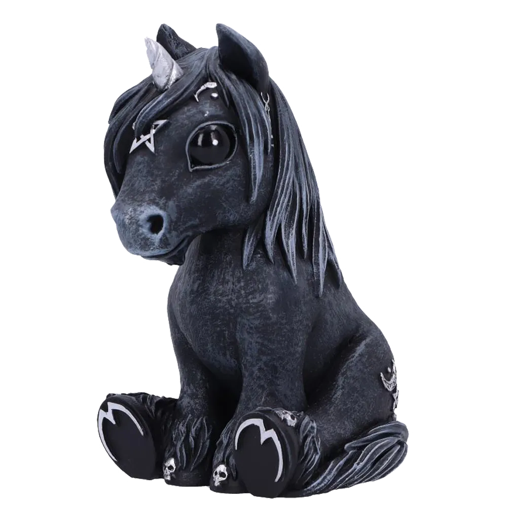 Figurine Culticorn Nemesis Now - vue de trois quarts gauche, détails argentés et regard noir profond.