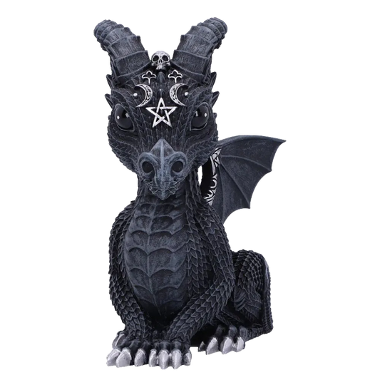 Figurine dragon Lucifly noire face avant avec symboles occultes argentés