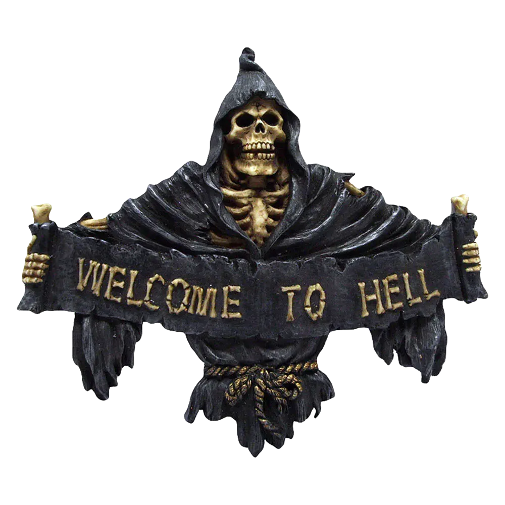 Plaque murale Welcome to Hell avec faucheuse gothique