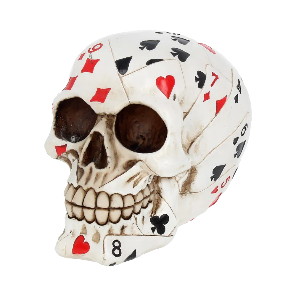 Crâne Dead Man’s Hand vu de face, détails des cartes rouges et noires