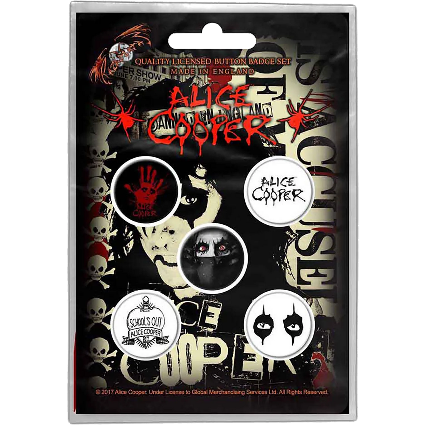 Kit de 5 badges officiels Alice Cooper avec logo, School's Out et regard iconique | Official Alice Cooper 5 badge set with logo, School's Out and iconic eyes