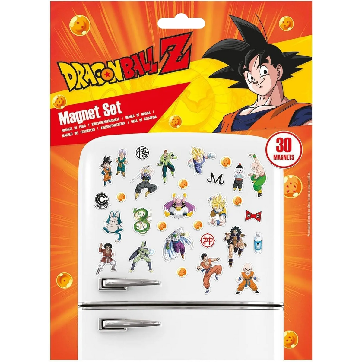 Set de 30 magnets Dragon Ball Z officiels avec Goku, Vegeta, Piccolo, Cell et Majin Buu – décoration frigo