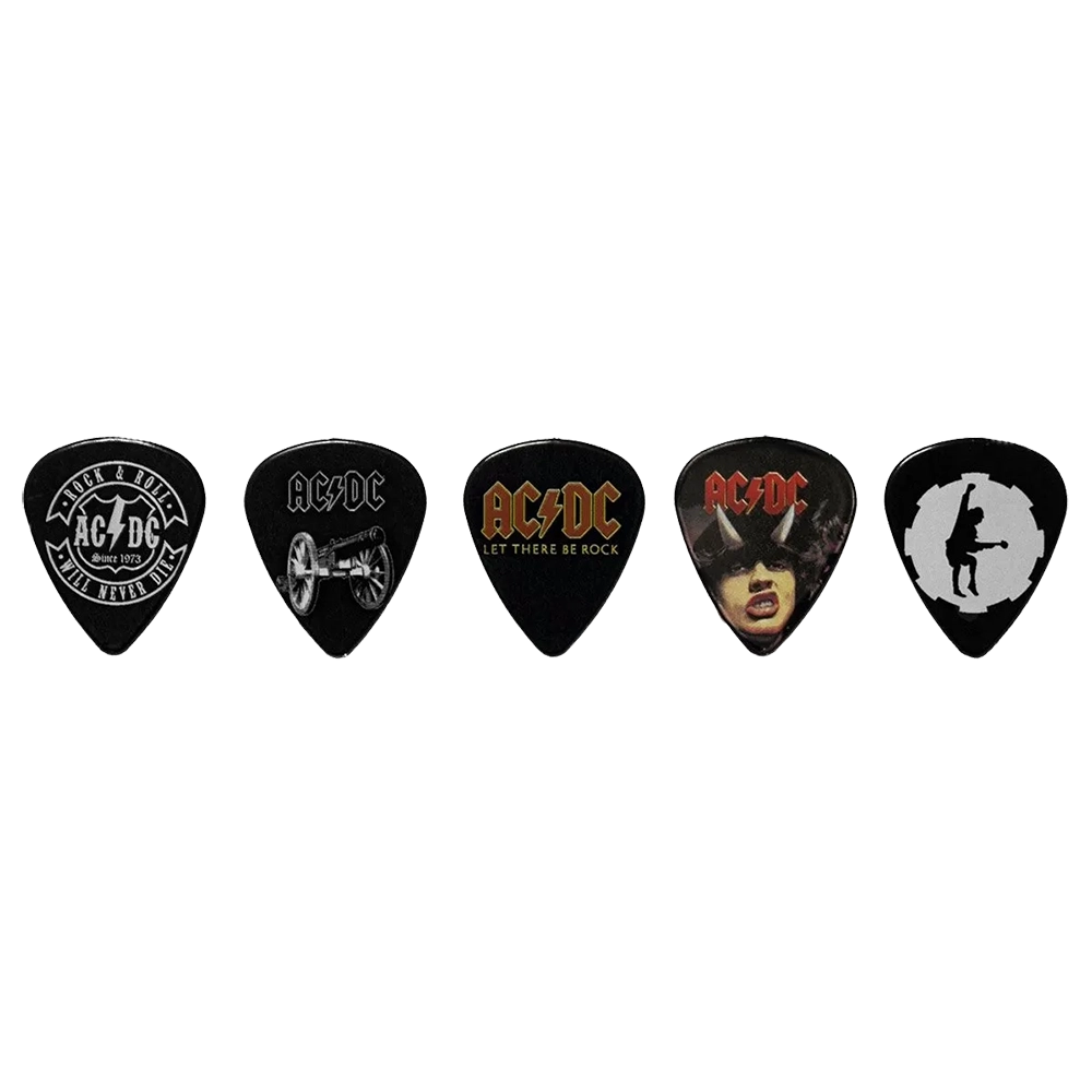 Set of assorted AC/DC guitar picks, decorated with various artwork