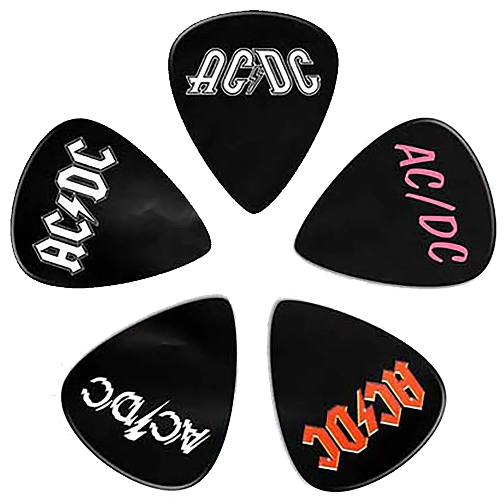 Set of assorted AC/DC guitar picks, decorated with logos from different eras
