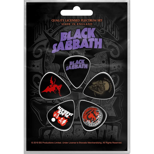 Set officiel de médiators Black Sabbath présenté sur carte blister