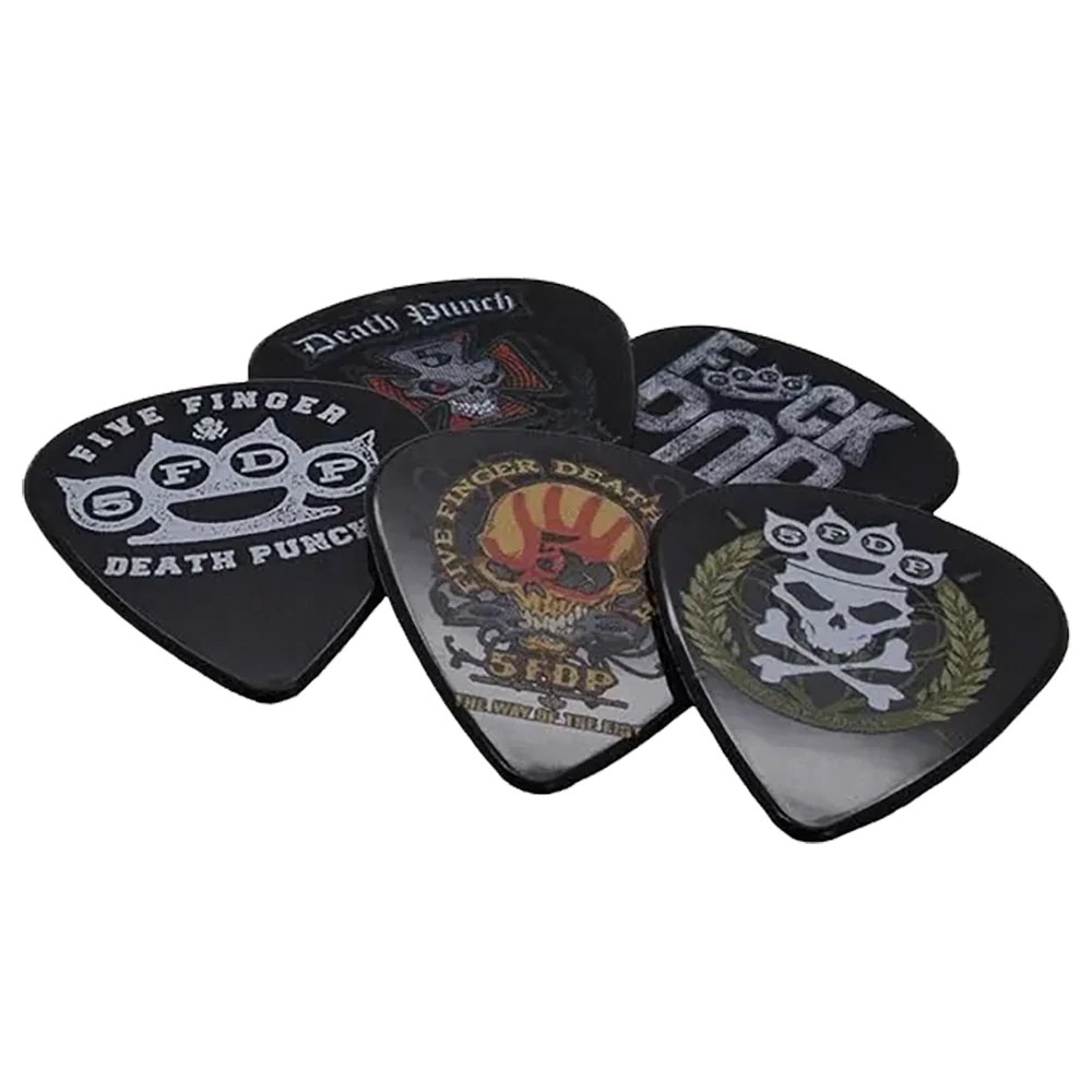 Set of assorted Five Finger Death Punch guitar picks, decorated with various artwork