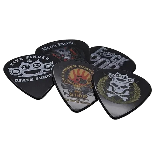 Set of assorted Five Finger Death Punch guitar picks, decorated with various artwork