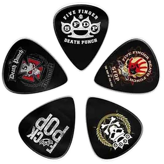 5 assorted Five Finger Death Punch picks, decorated with various visuals