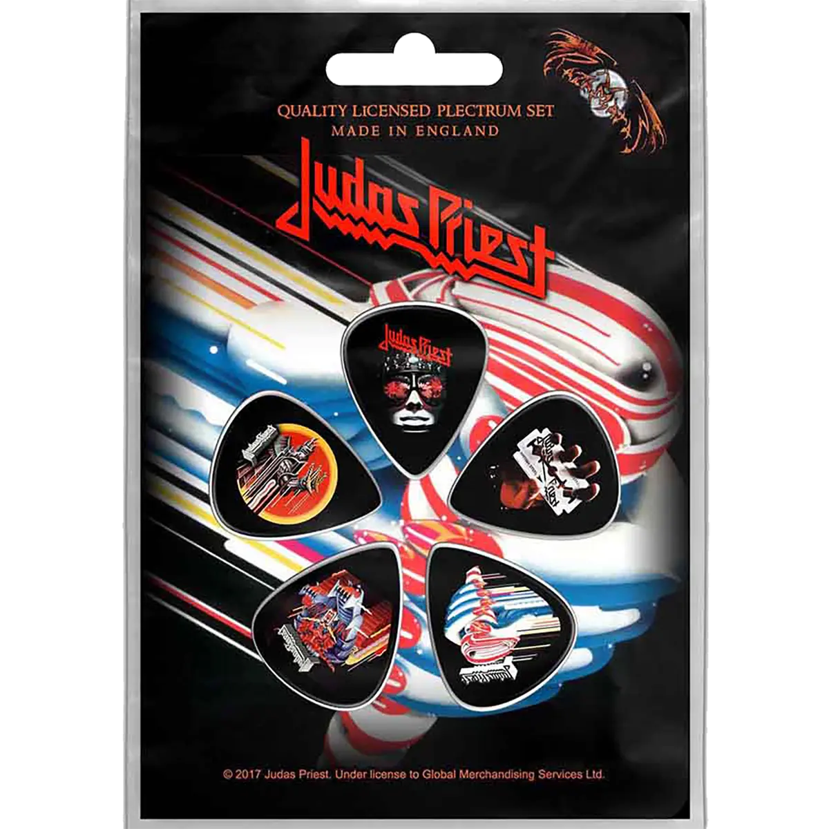 Set officiel de médiators Judas Priest présenté sur carte blister