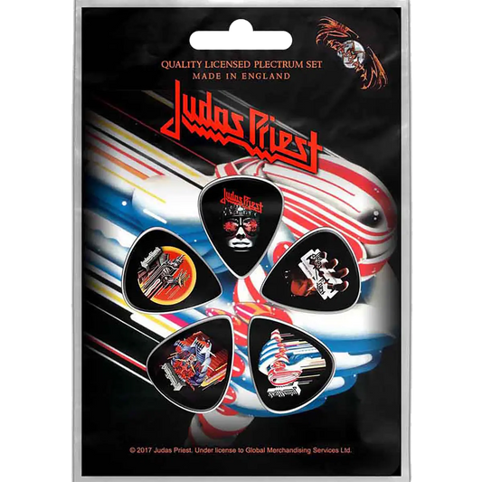 Set officiel de médiators Judas Priest présenté sur carte blister