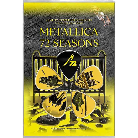 Set officiel de médiators Metallica 72 Seasons présenté sur carte blister
