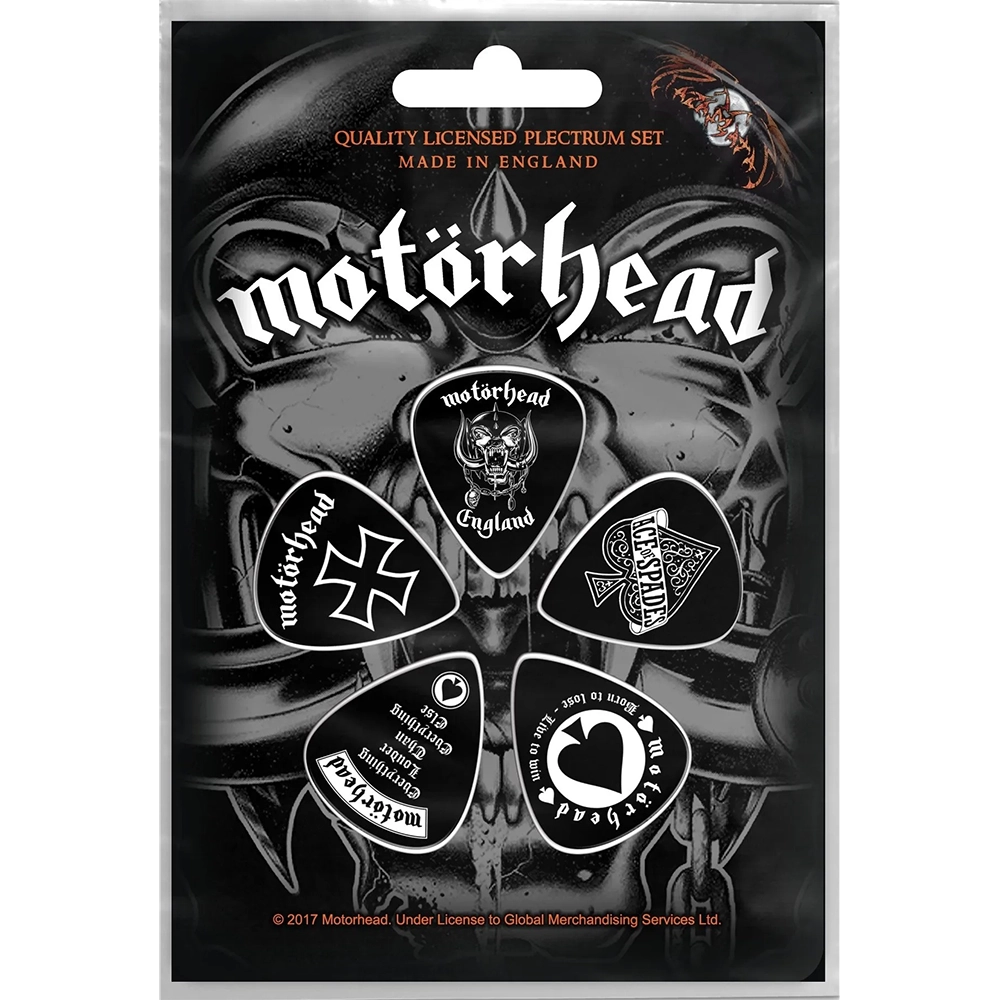Set officiel de médiators Motorhead England présenté sur carte blister