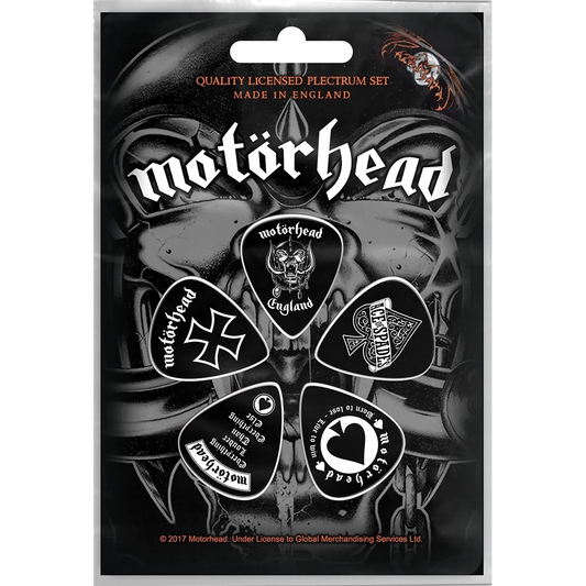 Set officiel de médiators Motorhead England présenté sur carte blister