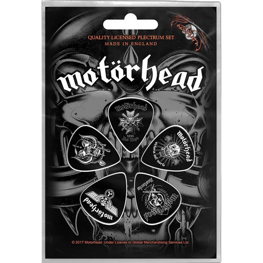 Set officiel de médiators Motorhead Bastards présenté sur carte blister