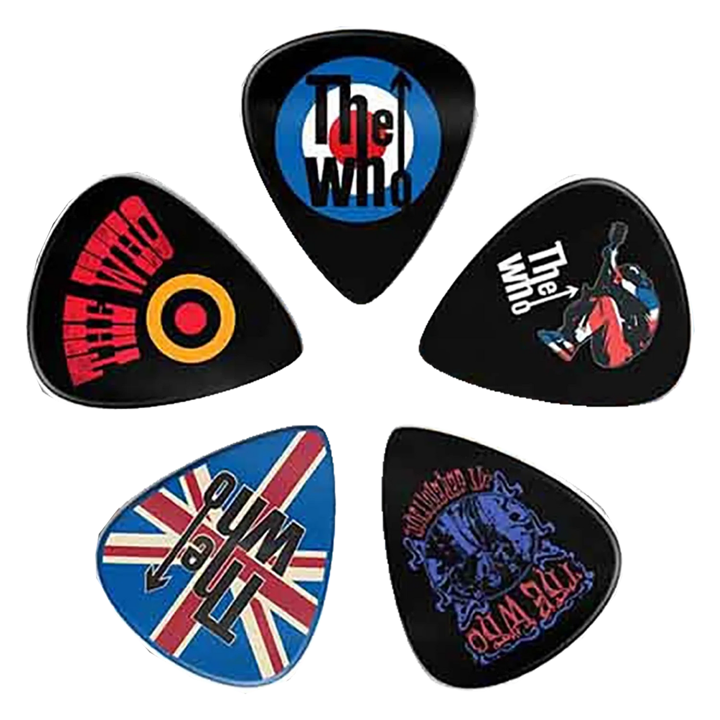 Ensemble de médiators The Who assortis, décorés de visuels divers | Set of assorted The Who guitar picks, decorated with various designs