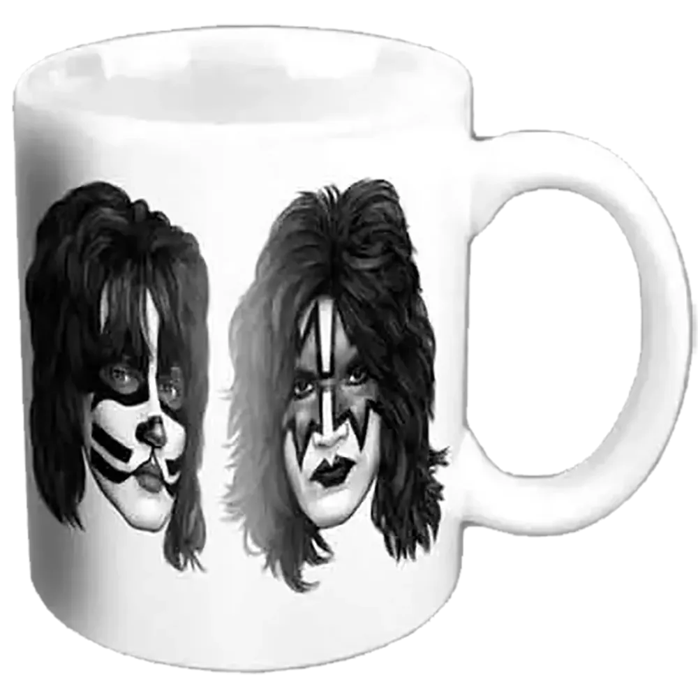 Mini tasse officielle KISS blanche avec portraits de Gene Simmons Paul Stanley Ace Frehley et Peter Criss | Official white KISS mini mug with portraits of Gene Simmons Paul Stanley Ace Frehley and Peter Criss