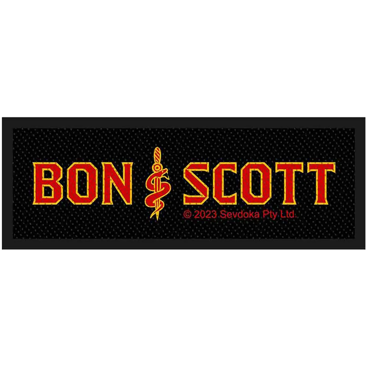 Patch officiel Bon Scott Brother Snake avec le tatouage Snake & Dagger entre les lettres rouges BON et SCOTT | Official Bon Scott Brother Snake patch featuring the Snake & Dagger tattoo between the red BON and SCOTT lettering